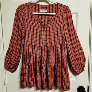 Lucky Brand Red Plaid Tiered Tunic Button Down Shirt. Size: Small.